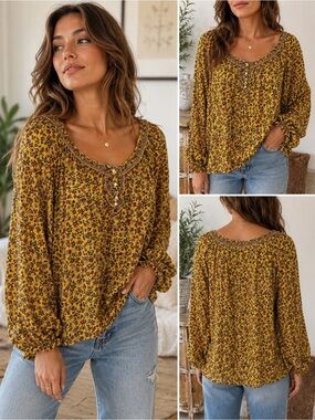 Max Studio Mustard Floral Boho Peasant 1X Blouse Cottagecore Romantic Festival